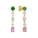 Load image into Gallery viewer, Gold dangle earrings with green, pink, and clear gemstones on a white background