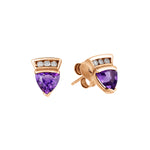 Load image into Gallery viewer, Pair of gold earrings with purple gemstones on a white background