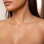 Load image into Gallery viewer, Silver necklace with leaf-shaped pendants on a model neck