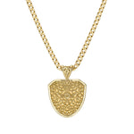 Load image into Gallery viewer, Gold necklace with a detailed shield-shaped pendant on a white background