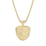 Load image into Gallery viewer, Yellow gold necklace with a detailed shield-shaped custom pendant on a white background