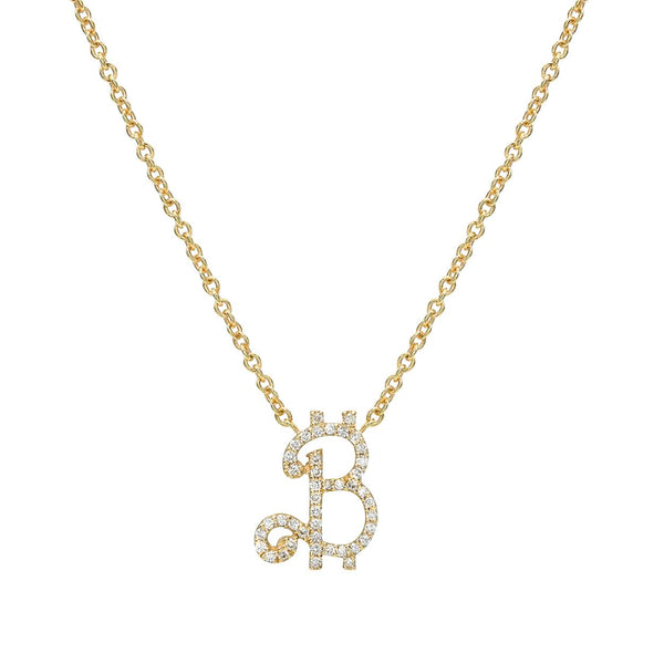A gold pendant in the shape of the Bitcoin symbol 'B' with diamonds, attached to a gold rolo link chain.