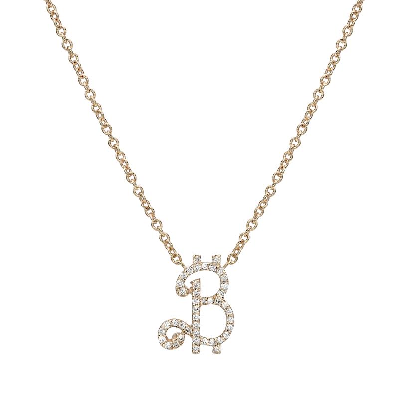 A rose gold pendant in the shape of the letter 'B' adorned with diamonds, attached to a gold chain.