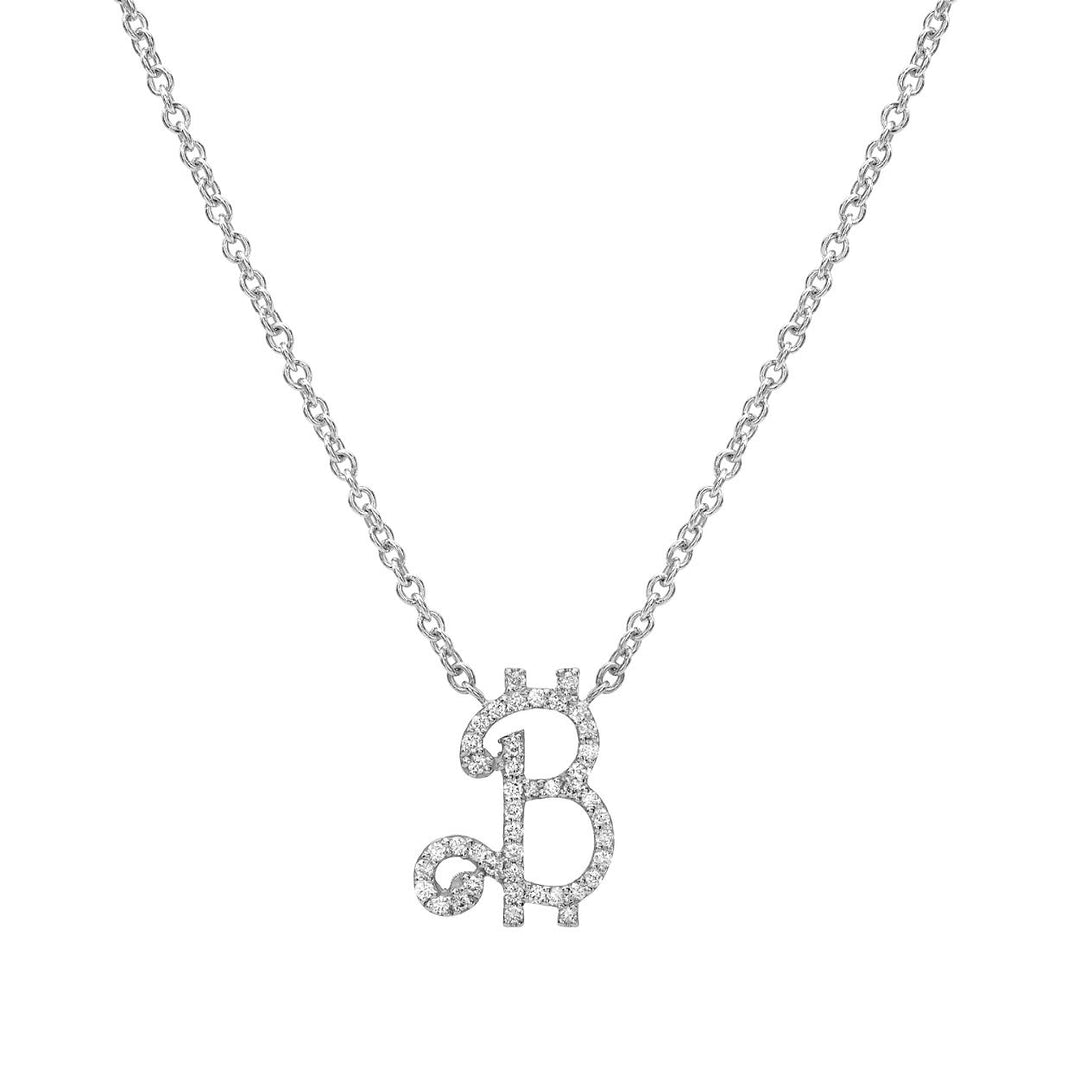 A gold pendant in the shape of the Bitcoin symbol 'B' with diamonds, attached to a white gold rolo link chain.