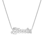 Load image into Gallery viewer, A sterling silver pendant necklace with the word 'Bitcoin' inscribed in capital letters, hanging from a rolo link chain.