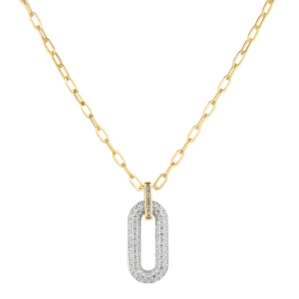 Gold chain necklace with a silver diamond pendant on a white background