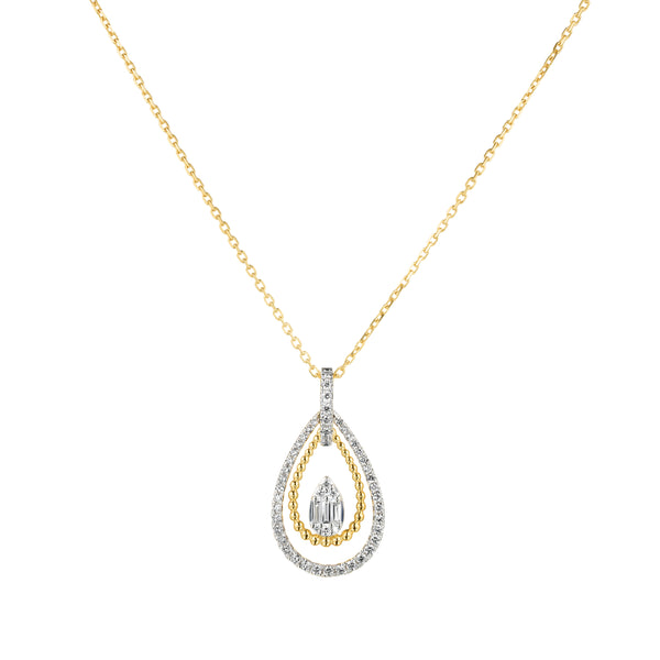 Gold and silver teardrop-shaped pendant on a gold chain against a white background