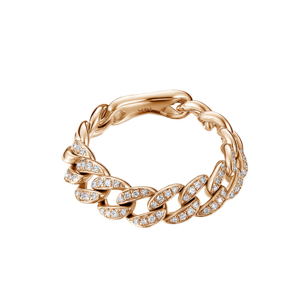 Rose gold chain-style ring with embedded diamonds on a white background