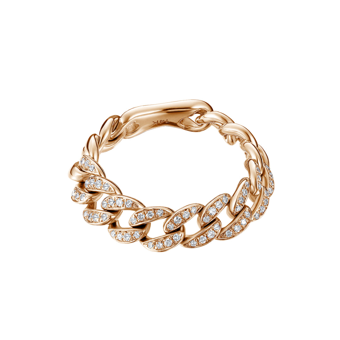 Rose gold chain-style ring with embedded diamonds on a white background