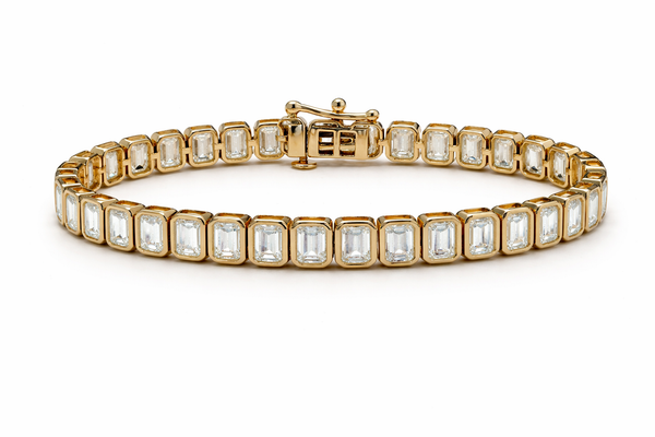 EMERALD CUT DIAMOND LAB GROWN TENNIS BRACELET BEZEL SET 14KYG