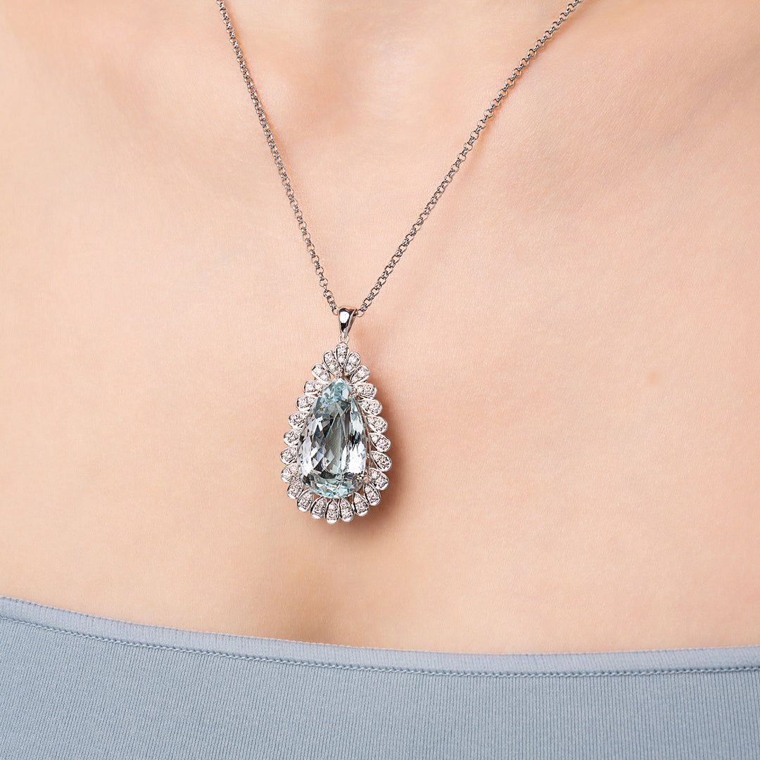 Teardrop-shaped blue gemstone necklace on a model neck