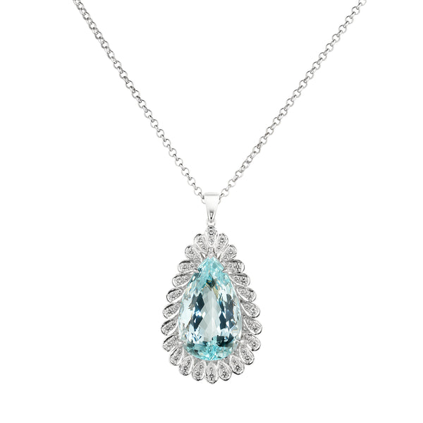 Teardrop-shaped blue gemstone necklace on a white background
