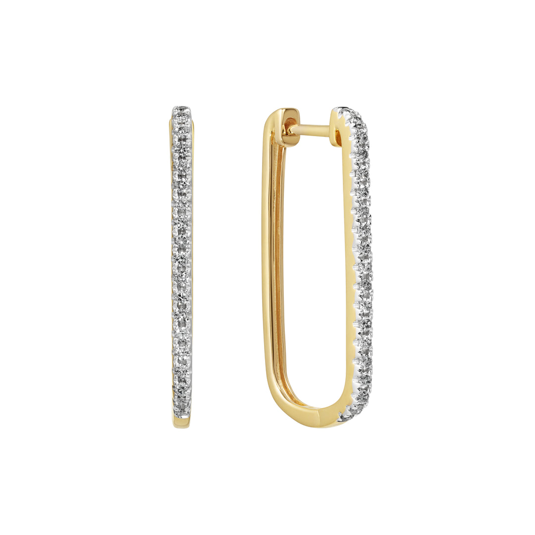 Gold hoop earrings with diamond accents on a white background