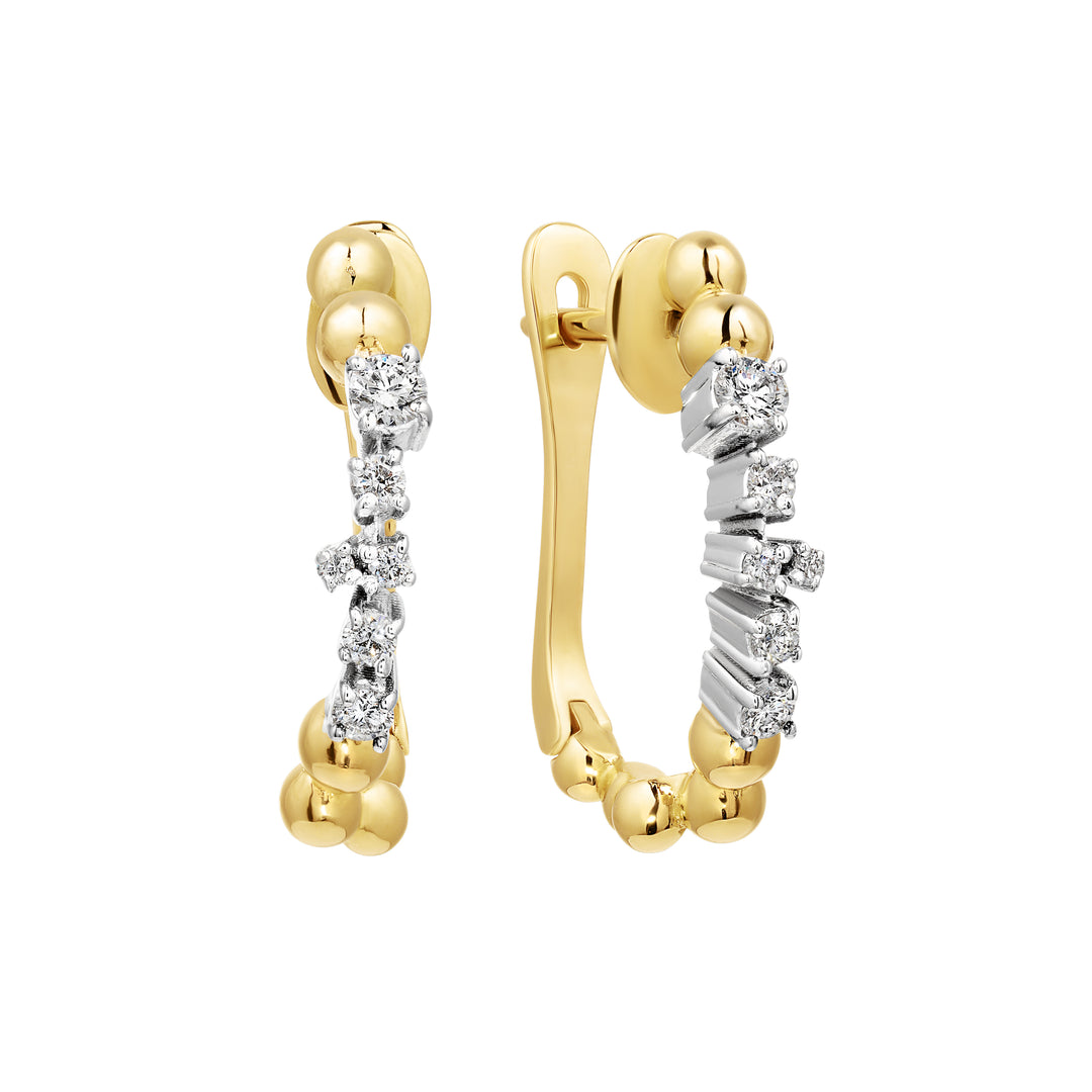 Gold hoop earrings with diamond accents on a white background