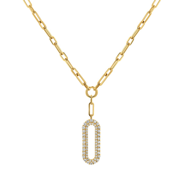 Gold necklace with a diamond-encrusted pendant on a white background