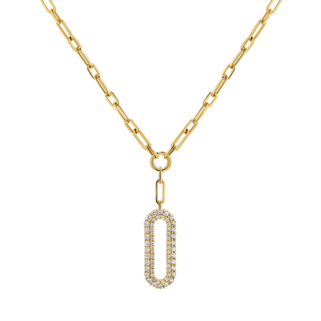 Gold necklace with a diamond-encrusted pendant on a white background