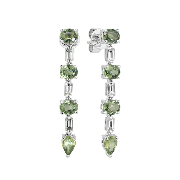 Pair of green gemstone earrings on a white background