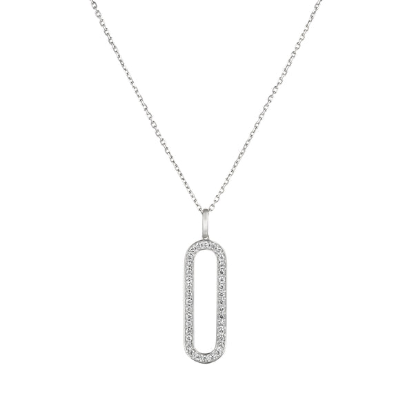 Silver necklace with a rectangular pendant on a white background