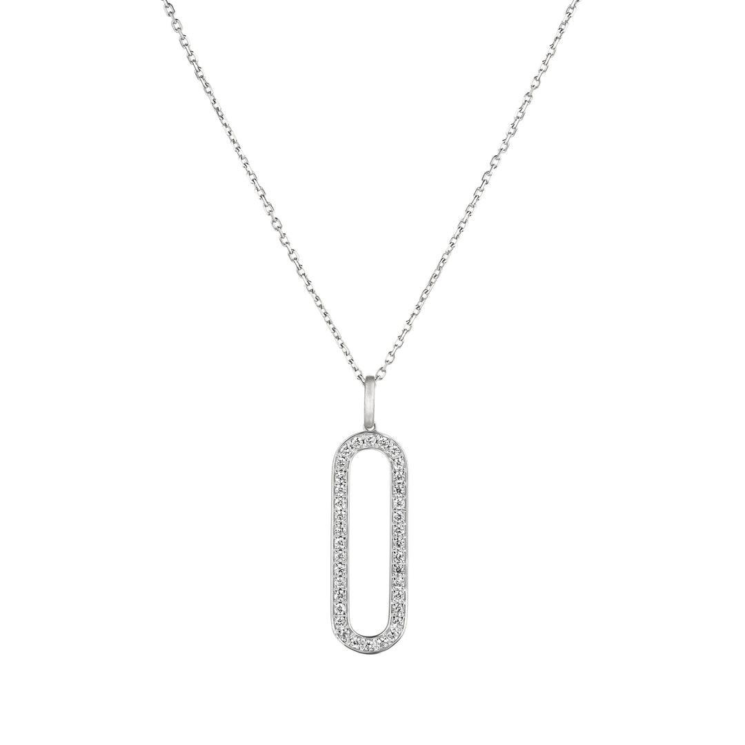 Silver necklace with a rectangular pendant on a white background