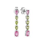 Load image into Gallery viewer, Pair of dangle earrings with pink and green gemstones on a white background
