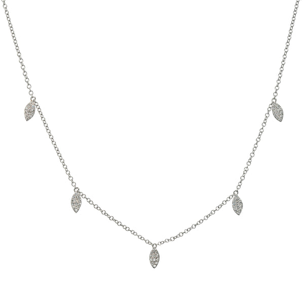 Silver necklace with leaf-shaped pendants on a white background
