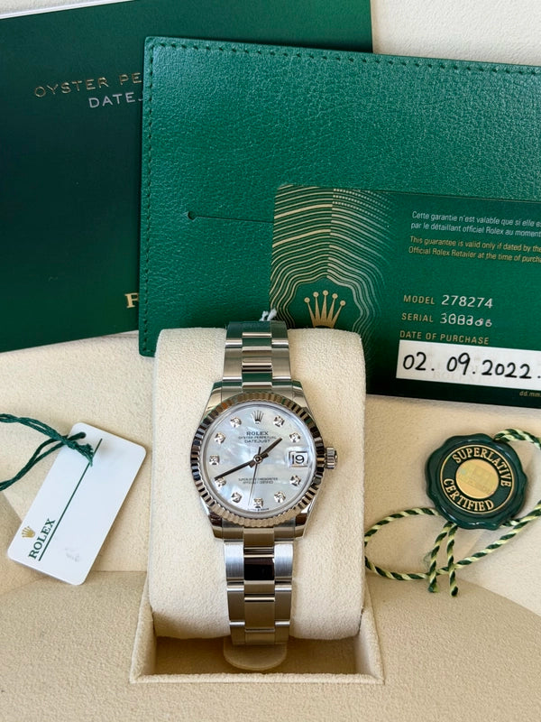 Rolex Datejust 31 White Mother-Of-Pearl Diamond Dial on Oyster Ref 278274 with Card 2022