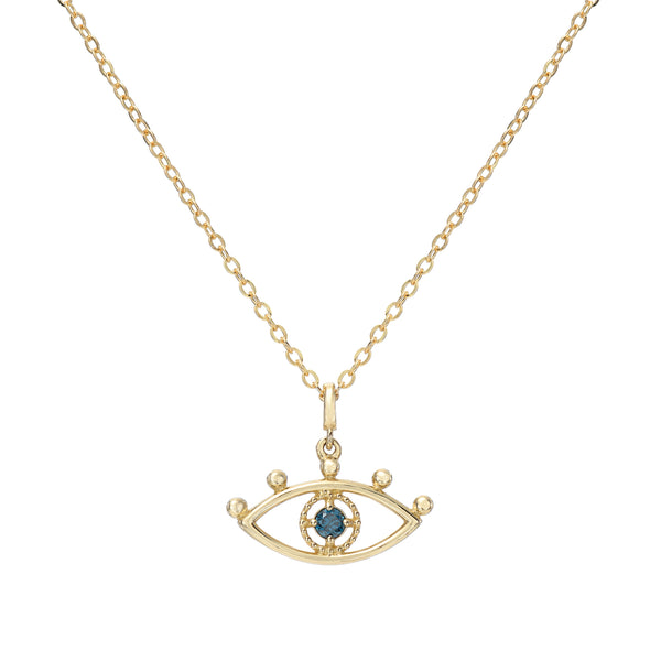 Gold necklace with an eye-shaped pendant on a white background