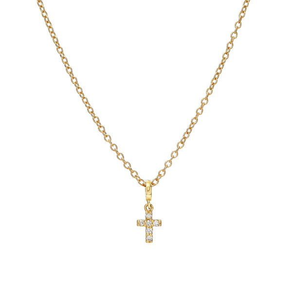 Gold necklace with a cross pendant on a white background