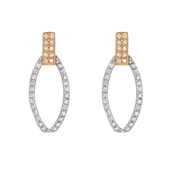 Pair of hoop earrings with rose gold and silver accents on a white background