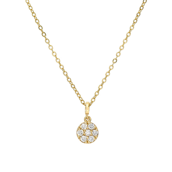 Gold necklace with a circle diamond pendant on a white background