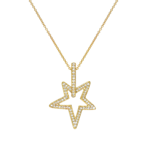Gold star-shaped pendant necklace on a white background